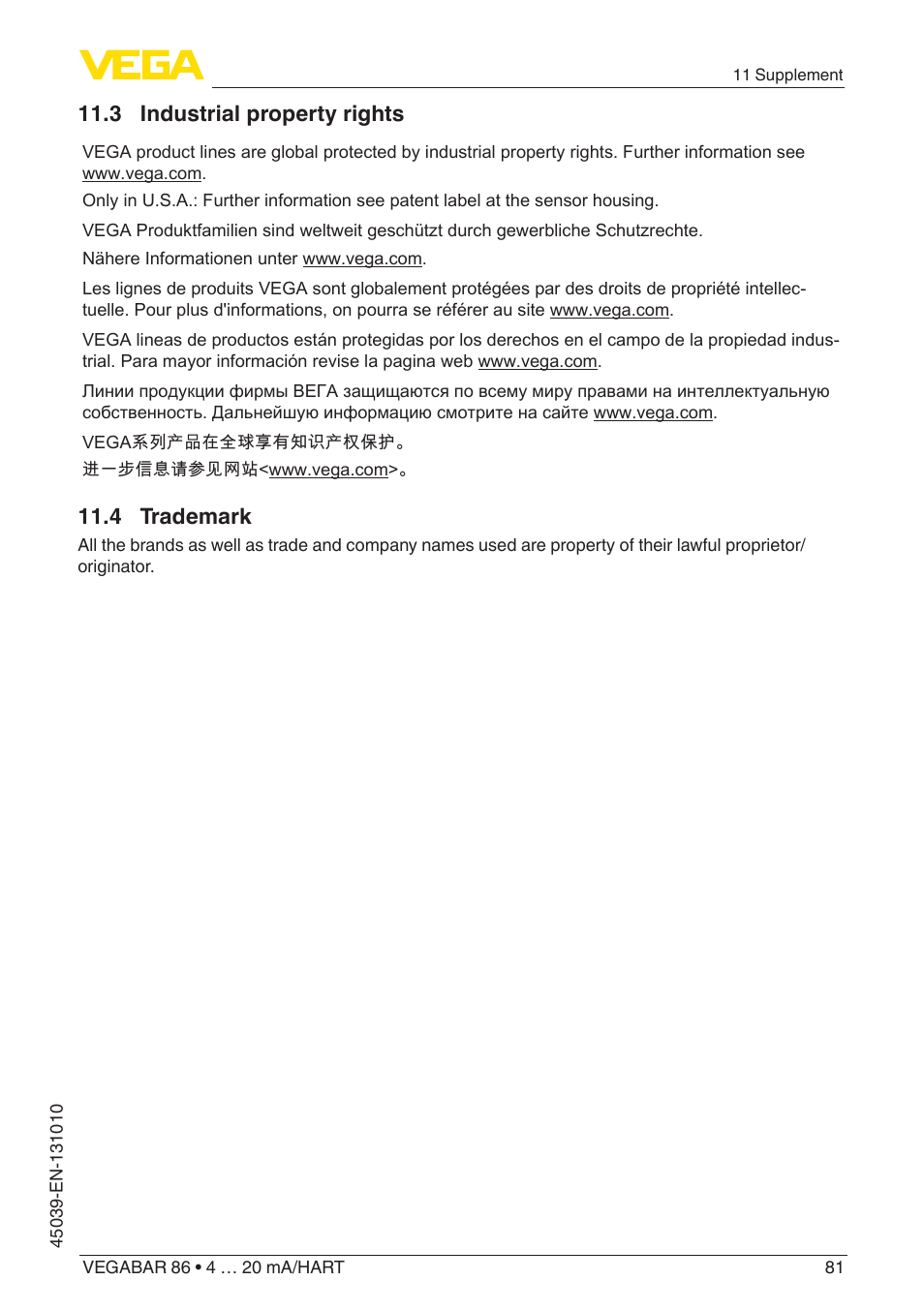 3 industrial property rights, 4 trademark | VEGA VEGABAR 86 4 … 20 mA_HART - Operating Instructions User Manual | Page 81 / 84