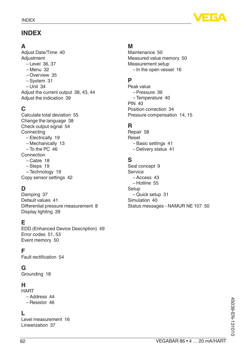 Index | VEGA VEGABAR 86 4 … 20 mA_HART - Operating Instructions User Manual | Page 82 / 84