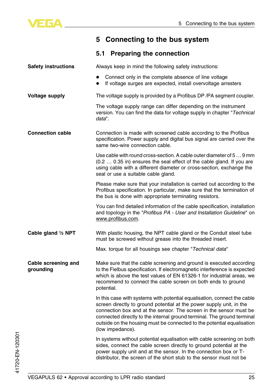 5 connecting to the bus system, 1 preparing the connection, 5connecting to the bus system | VEGA VEGAPULS 62 (≥ 2.0.0 - ≥ 4.0.0) Profibus PA Approval according to LPR radio standard User Manual | Page 25 / 92