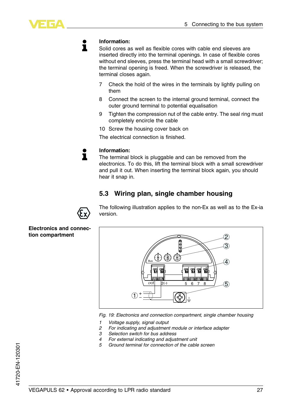 3 wiring plan, single chamber housing | VEGA VEGAPULS 62 (≥ 2.0.0 - ≥ 4.0.0) Profibus PA Approval according to LPR radio standard User Manual | Page 27 / 92