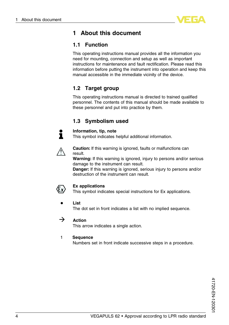 1 about this document, 3 symbolism used, 1about this document | VEGA VEGAPULS 62 (≥ 2.0.0 - ≥ 4.0.0) Profibus PA Approval according to LPR radio standard User Manual | Page 4 / 92