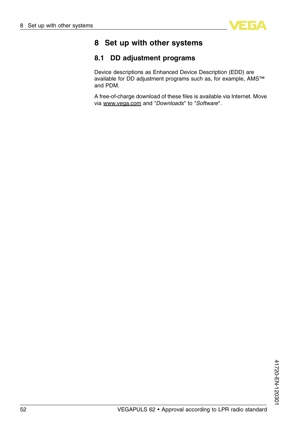 8 set up with other systems, 1 dd adjustment programs, 8set up with other systems | VEGA VEGAPULS 62 (≥ 2.0.0 - ≥ 4.0.0) Profibus PA Approval according to LPR radio standard User Manual | Page 52 / 92