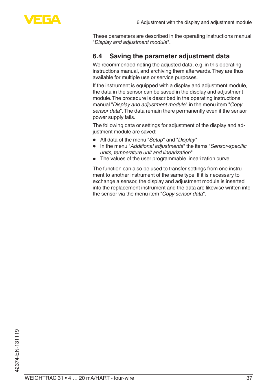 4 saving the parameter adjustment data | VEGA WEIGHTRAC 31 4 … 20 mA_HART - four-wire User Manual | Page 37 / 80