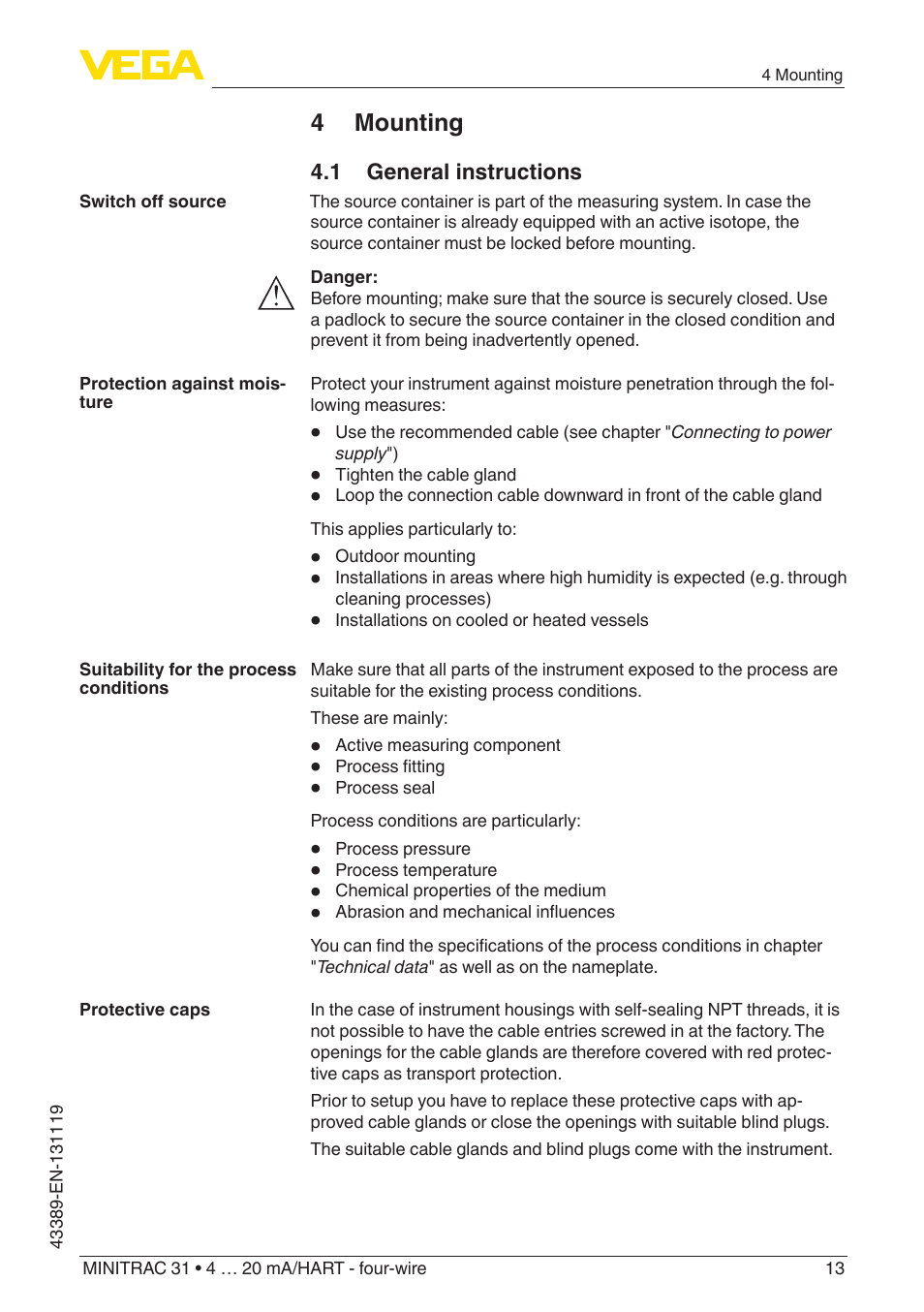 4 mounting, 1 general instructions | VEGA MINITRAC 31 4 … 20 mA_HART - four-wire With SIL qualification User Manual | Page 13 / 76