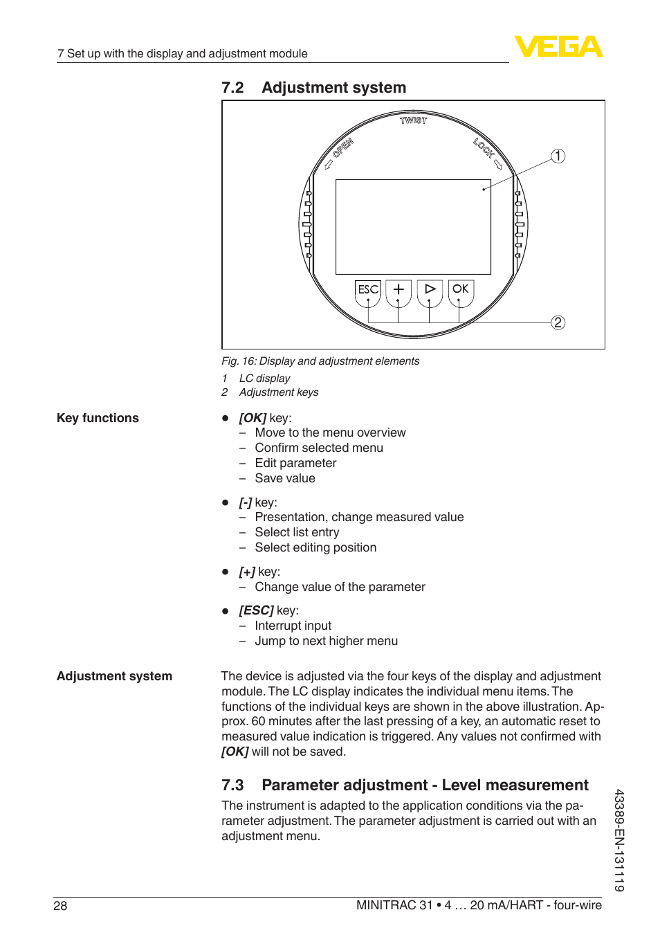 2 adjustment system, 3 parameter adjustment - level measurement | VEGA MINITRAC 31 4 … 20 mA_HART - four-wire With SIL qualification User Manual | Page 28 / 76