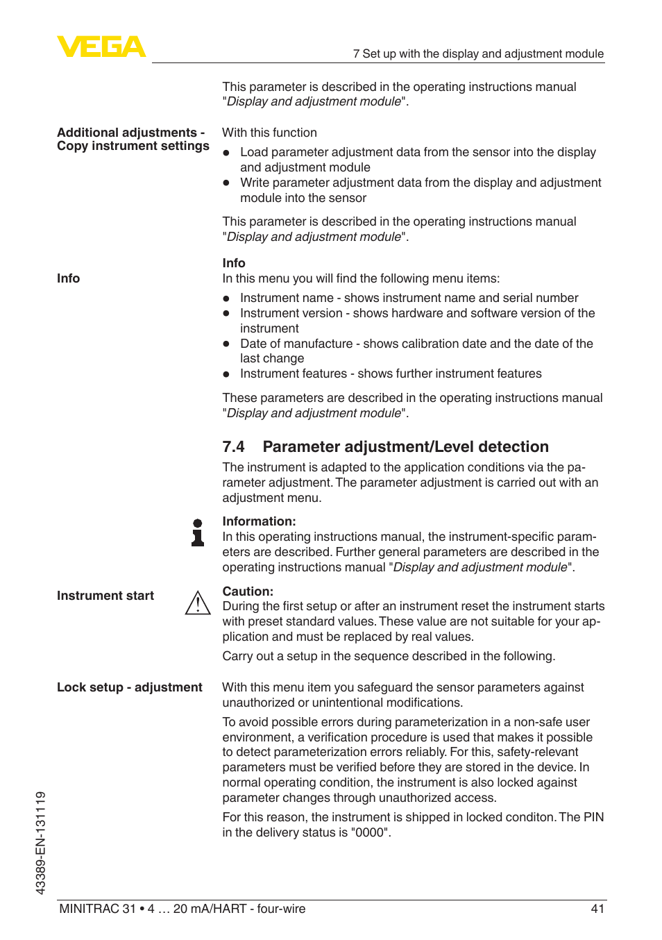 4 parameter adjustment/level detection | VEGA MINITRAC 31 4 … 20 mA_HART - four-wire With SIL qualification User Manual | Page 41 / 76