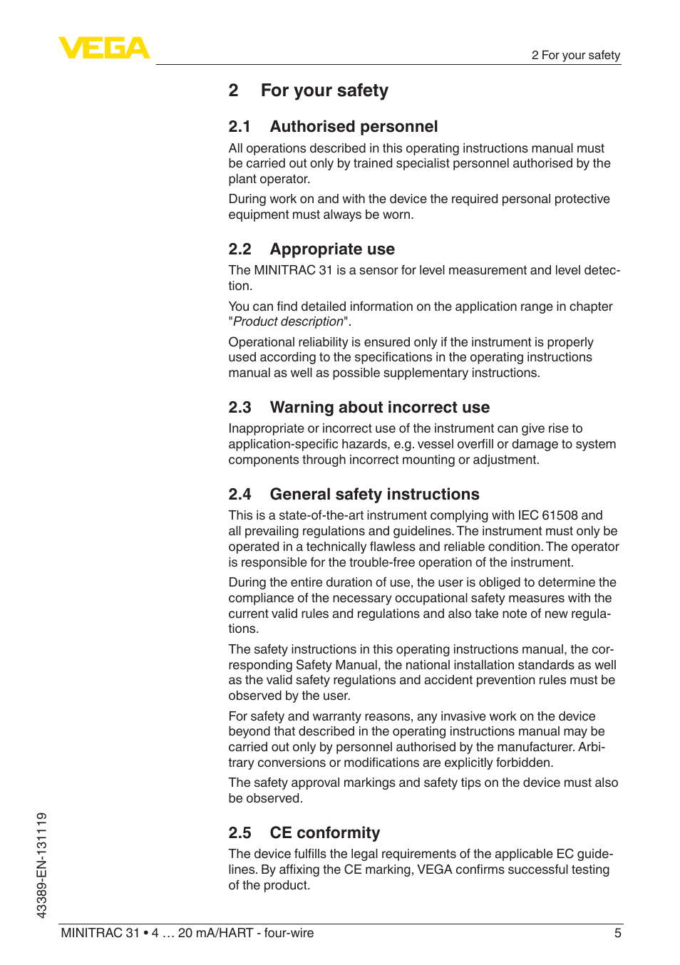 2 for your safety, 1 authorised personnel, 2 appropriate use | 3 warning about incorrect use, 4 general safety instructions, 5 ce conformity | VEGA MINITRAC 31 4 … 20 mA_HART - four-wire With SIL qualification User Manual | Page 5 / 76