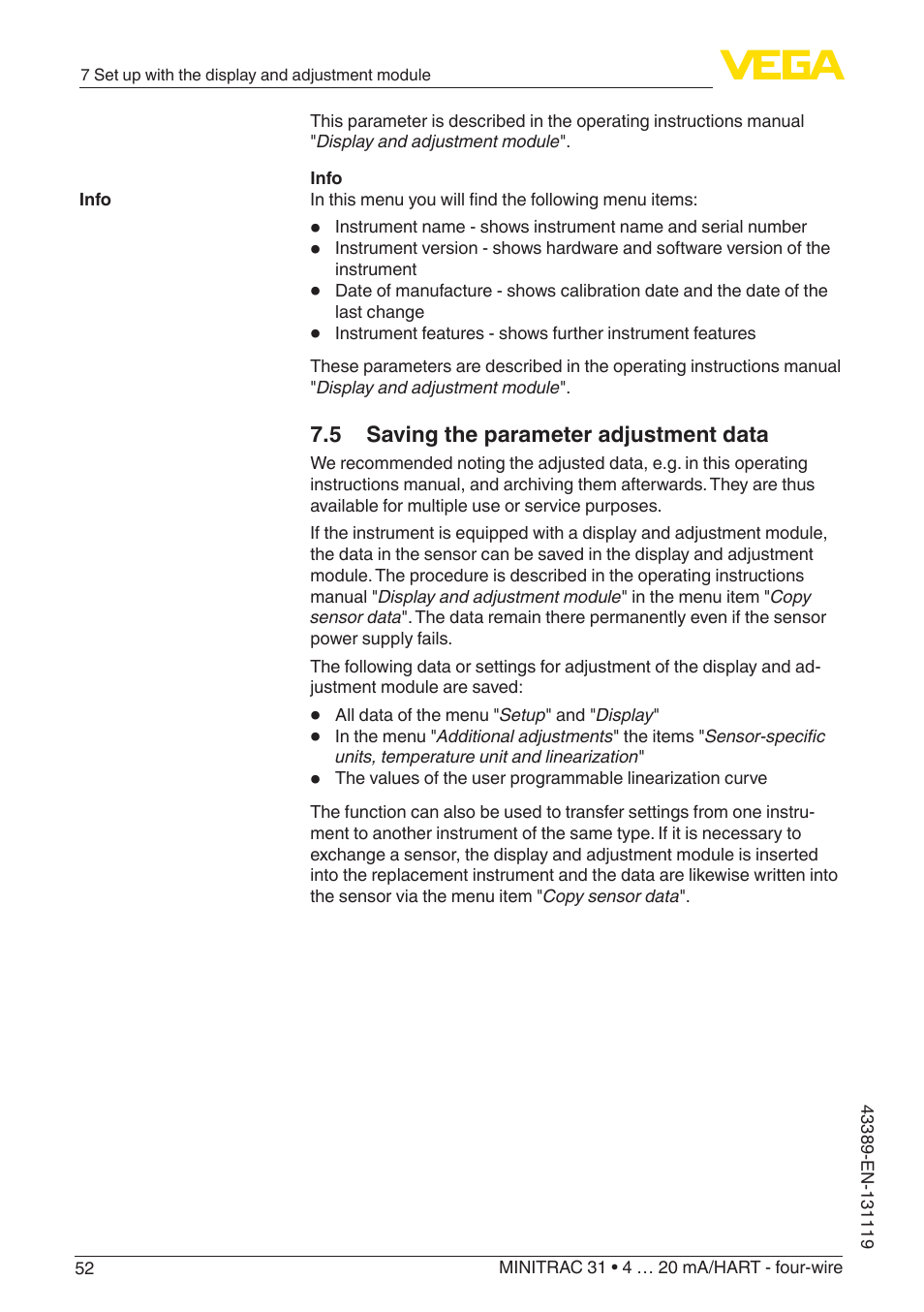 5 saving the parameter adjustment data | VEGA MINITRAC 31 4 … 20 mA_HART - four-wire With SIL qualification User Manual | Page 52 / 76