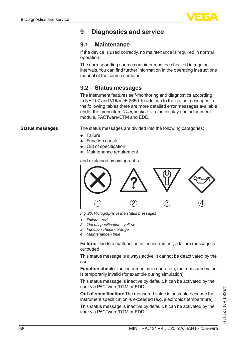 9 diagnostics and service, 1 maintenance, 2 status messages | VEGA MINITRAC 31 4 … 20 mA_HART - four-wire With SIL qualification User Manual | Page 56 / 76