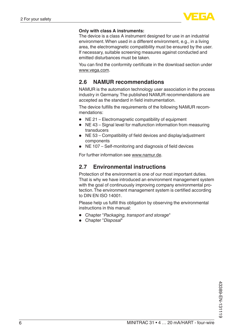 6 namur recommendations, 7 environmental instructions | VEGA MINITRAC 31 4 … 20 mA_HART - four-wire With SIL qualification User Manual | Page 6 / 76