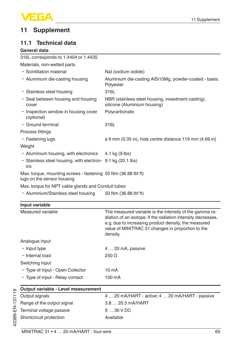 11 supplement, 1 technical data | VEGA MINITRAC 31 4 … 20 mA_HART - four-wire With SIL qualification User Manual | Page 65 / 76