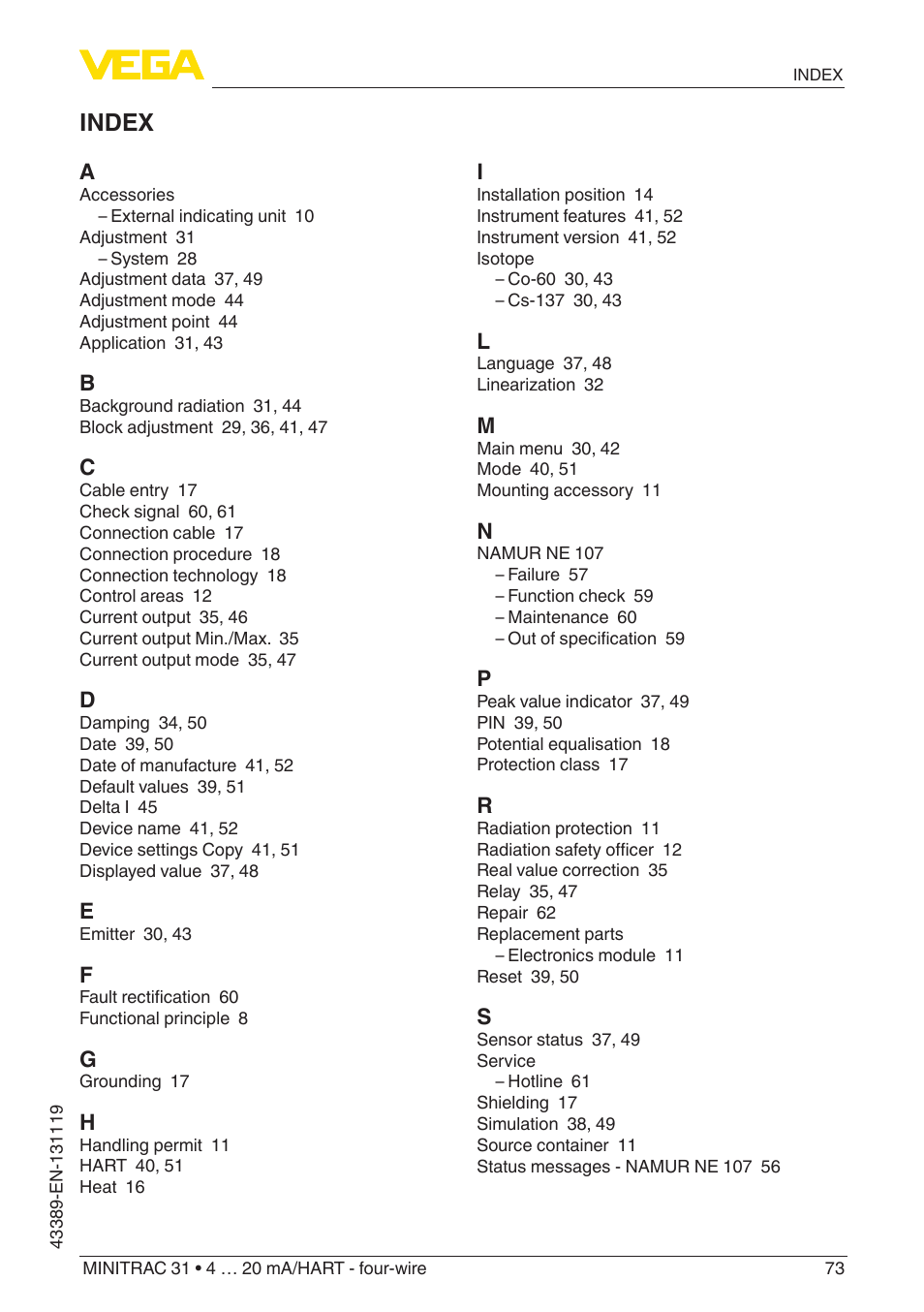 Index | VEGA MINITRAC 31 4 … 20 mA_HART - four-wire With SIL qualification User Manual | Page 73 / 76