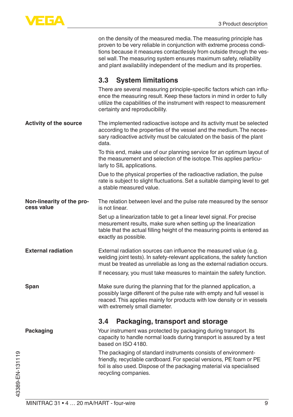 3 system limitations, 4 packaging, transport and storage | VEGA MINITRAC 31 4 … 20 mA_HART - four-wire With SIL qualification User Manual | Page 9 / 76