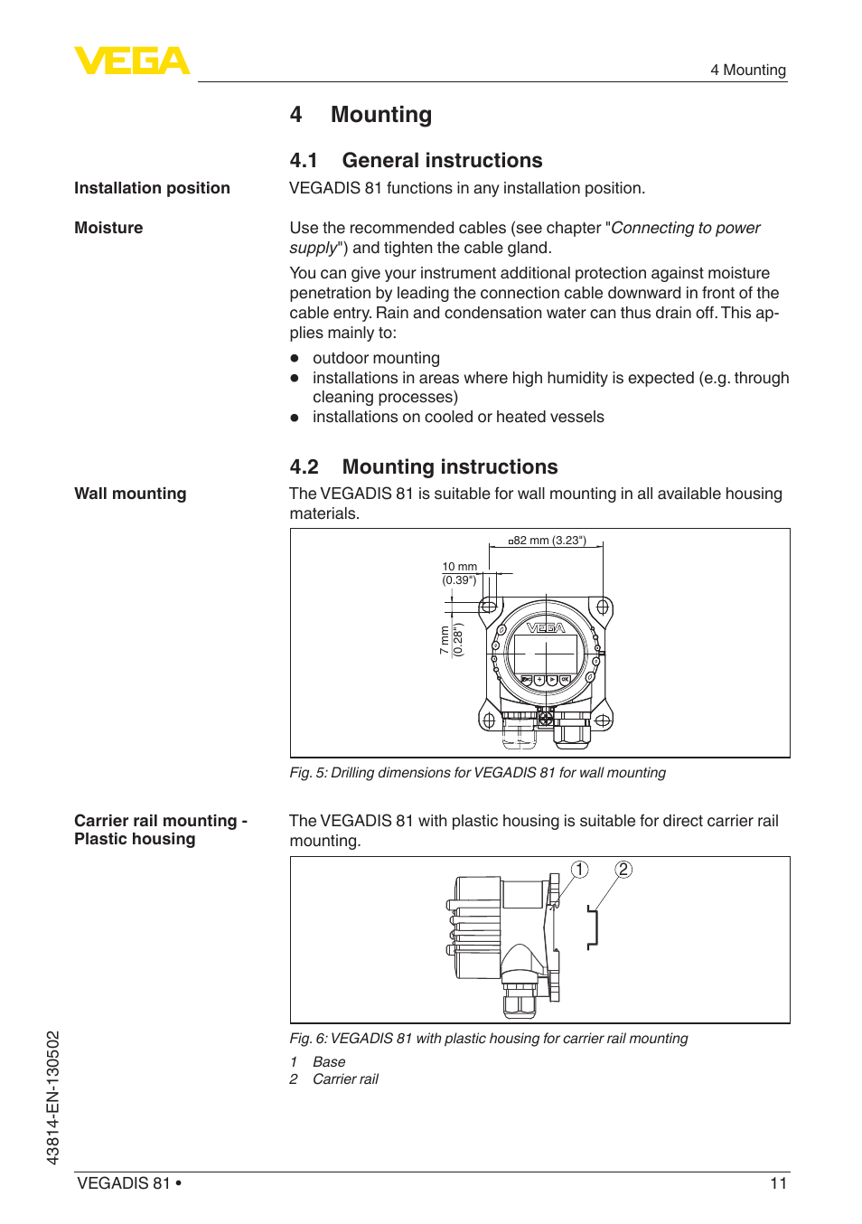 4 mounting, 1 general instructions, 2 mounting instructions | VEGA VEGADIS 81 User Manual | Page 11 / 32