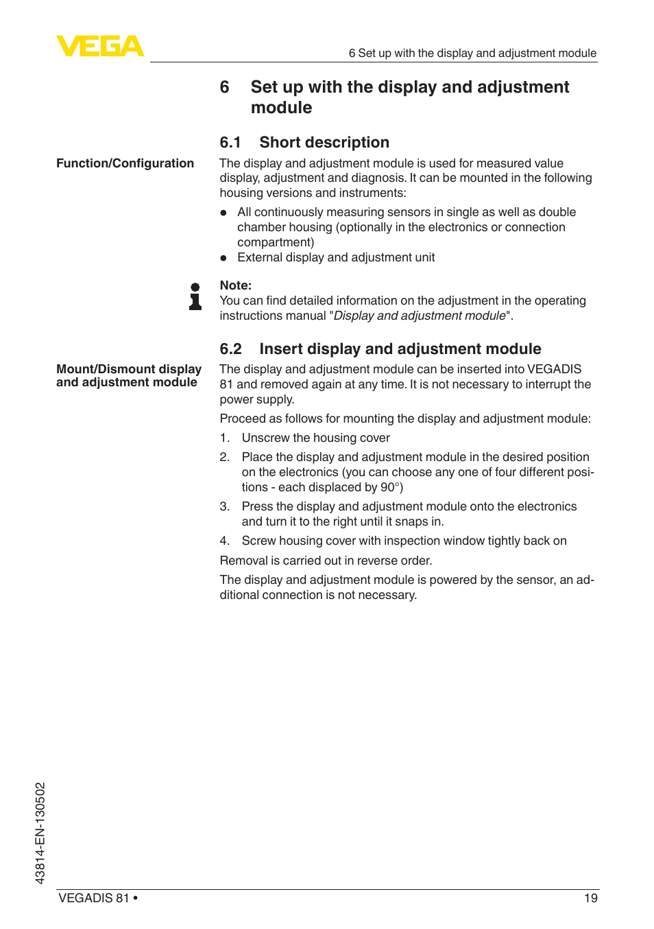 6 set up with the display and adjustment module | VEGA VEGADIS 81 User Manual | Page 19 / 32