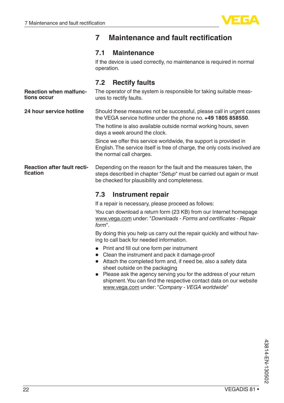 7 maintenance and fault rectification | VEGA VEGADIS 81 User Manual | Page 22 / 32