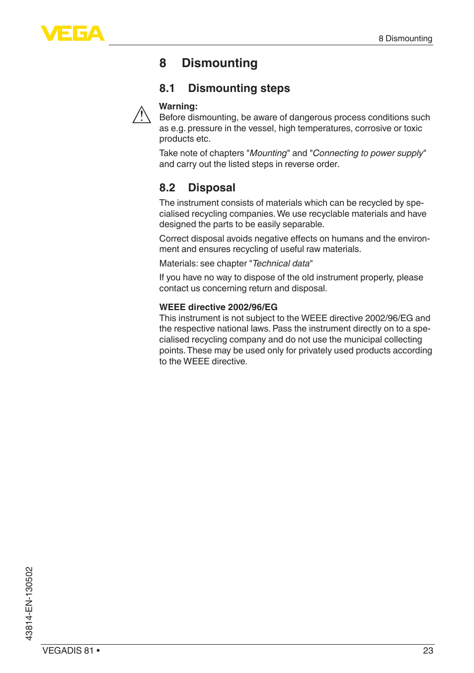 8 dismounting | VEGA VEGADIS 81 User Manual | Page 23 / 32