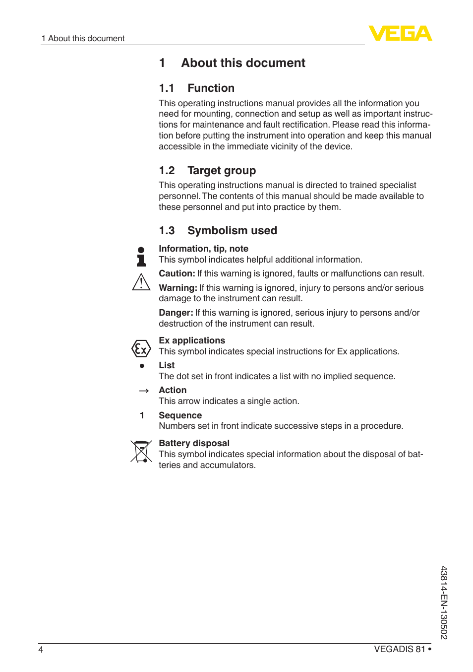 1 about this document | VEGA VEGADIS 81 User Manual | Page 4 / 32