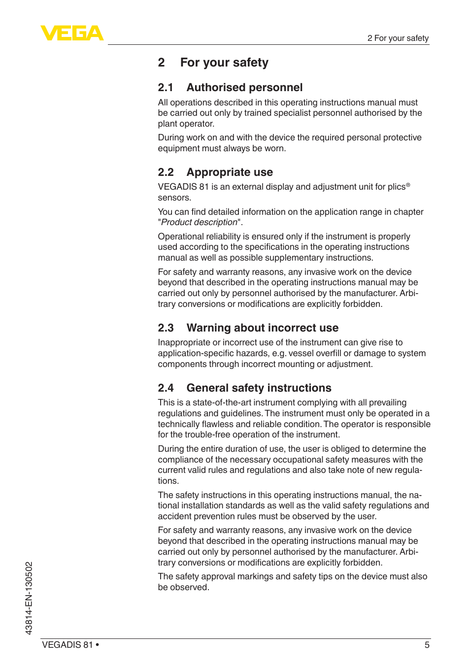 2 for your safety, 1 authorised personnel, 2 appropriate use | 3 warning about incorrect use, 4 general safety instructions | VEGA VEGADIS 81 User Manual | Page 5 / 32