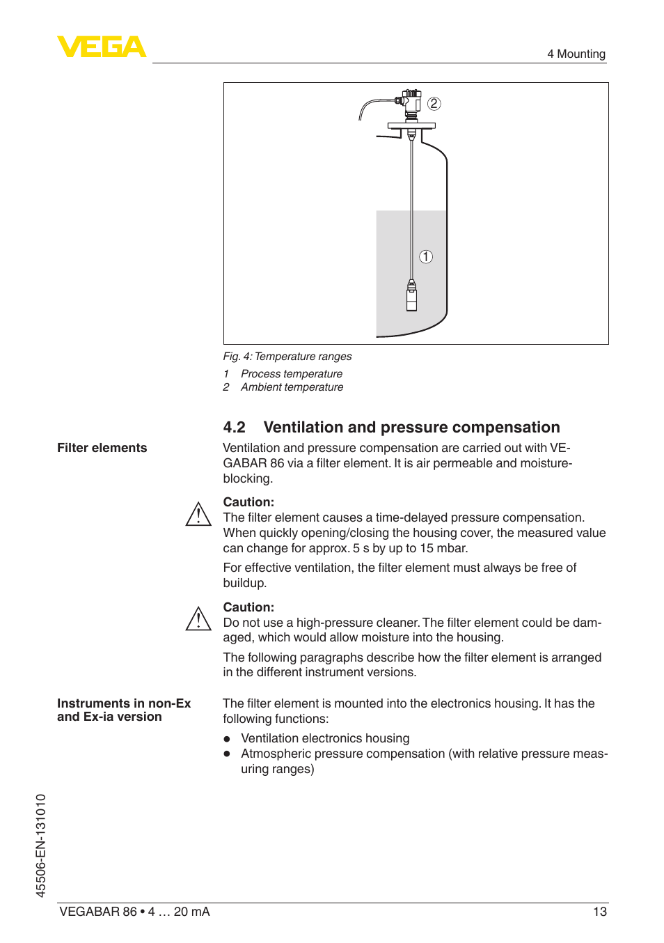 2 ventilation and pressure compensation | VEGA VEGABAR 86 4 … 20 mA - Operating Instructions User Manual | Page 13 / 72