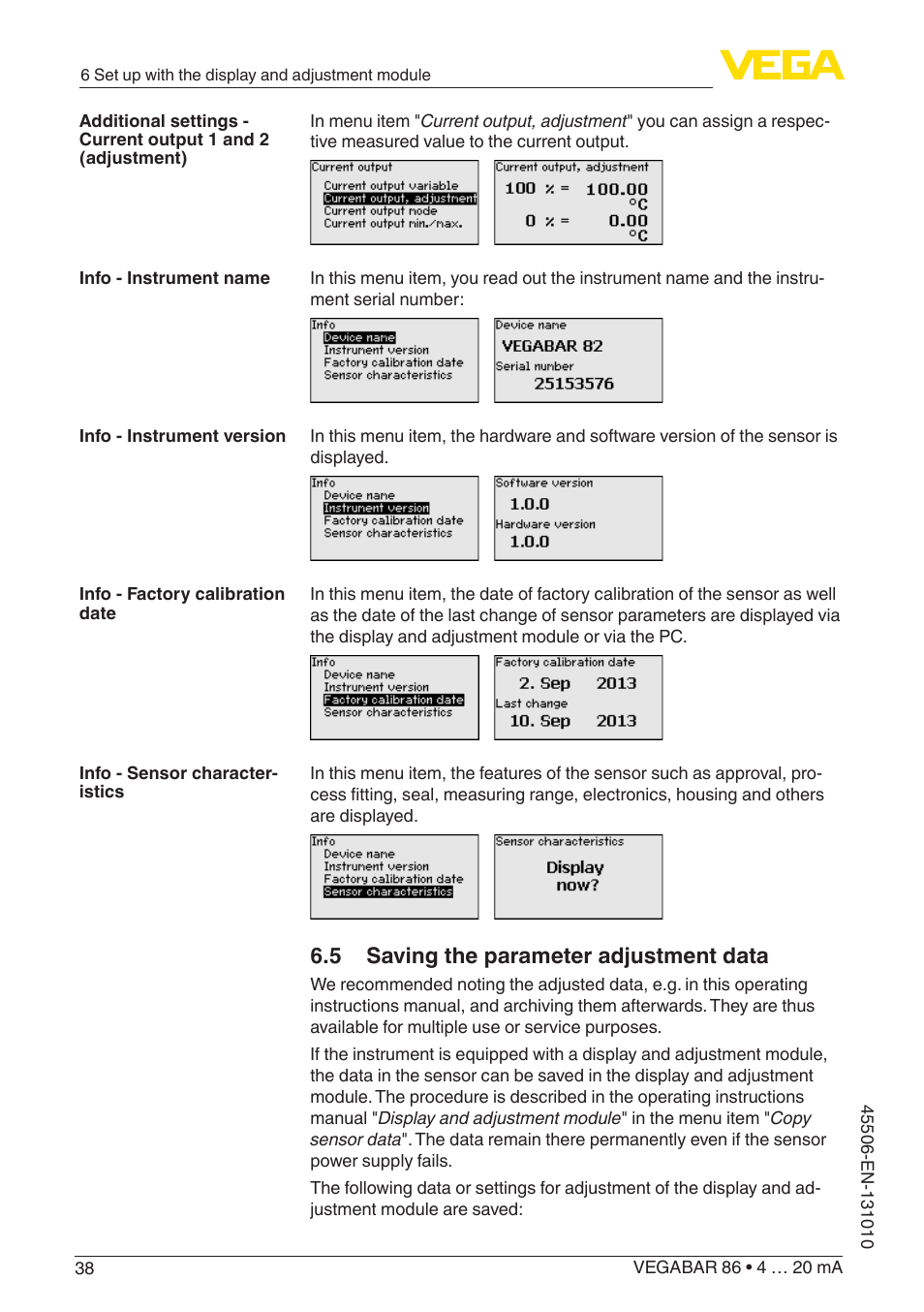 5 saving the parameter adjustment data | VEGA VEGABAR 86 4 … 20 mA - Operating Instructions User Manual | Page 38 / 72