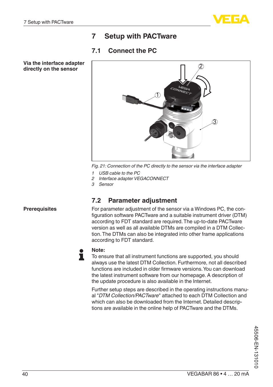 7 setup with pactware, 1 connect the pc, 2 parameter adjustment | VEGA VEGABAR 86 4 … 20 mA - Operating Instructions User Manual | Page 40 / 72