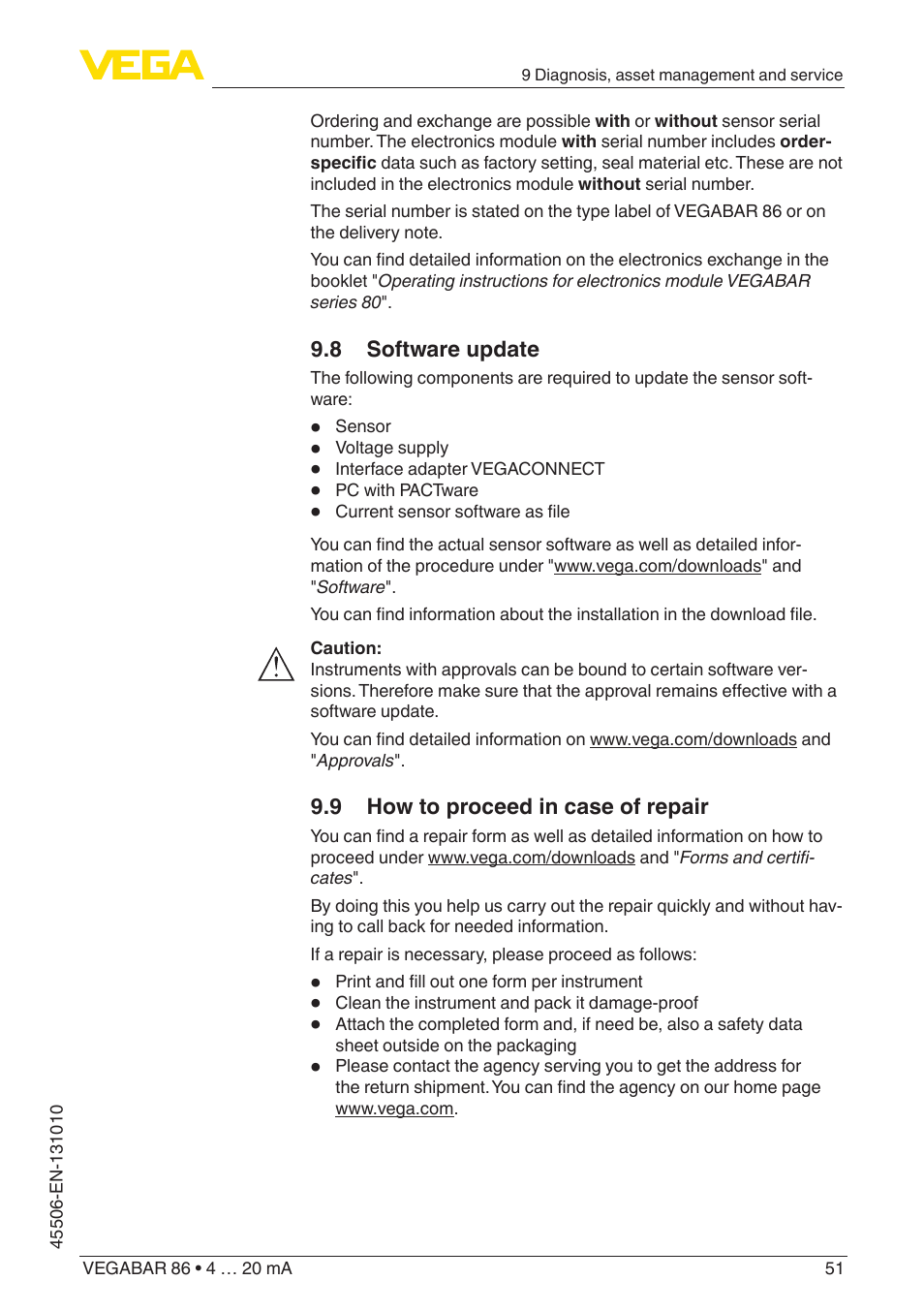 8 software update, 9 how to proceed in case of repair | VEGA VEGABAR 86 4 … 20 mA - Operating Instructions User Manual | Page 51 / 72