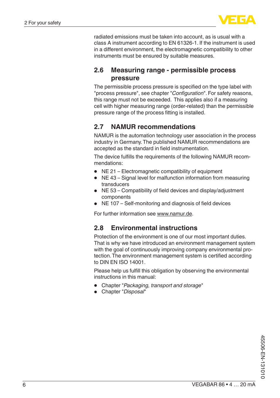 6 measuring range - permissible process pressure, 7 namur recommendations, 8 environmental instructions | VEGA VEGABAR 86 4 … 20 mA - Operating Instructions User Manual | Page 6 / 72