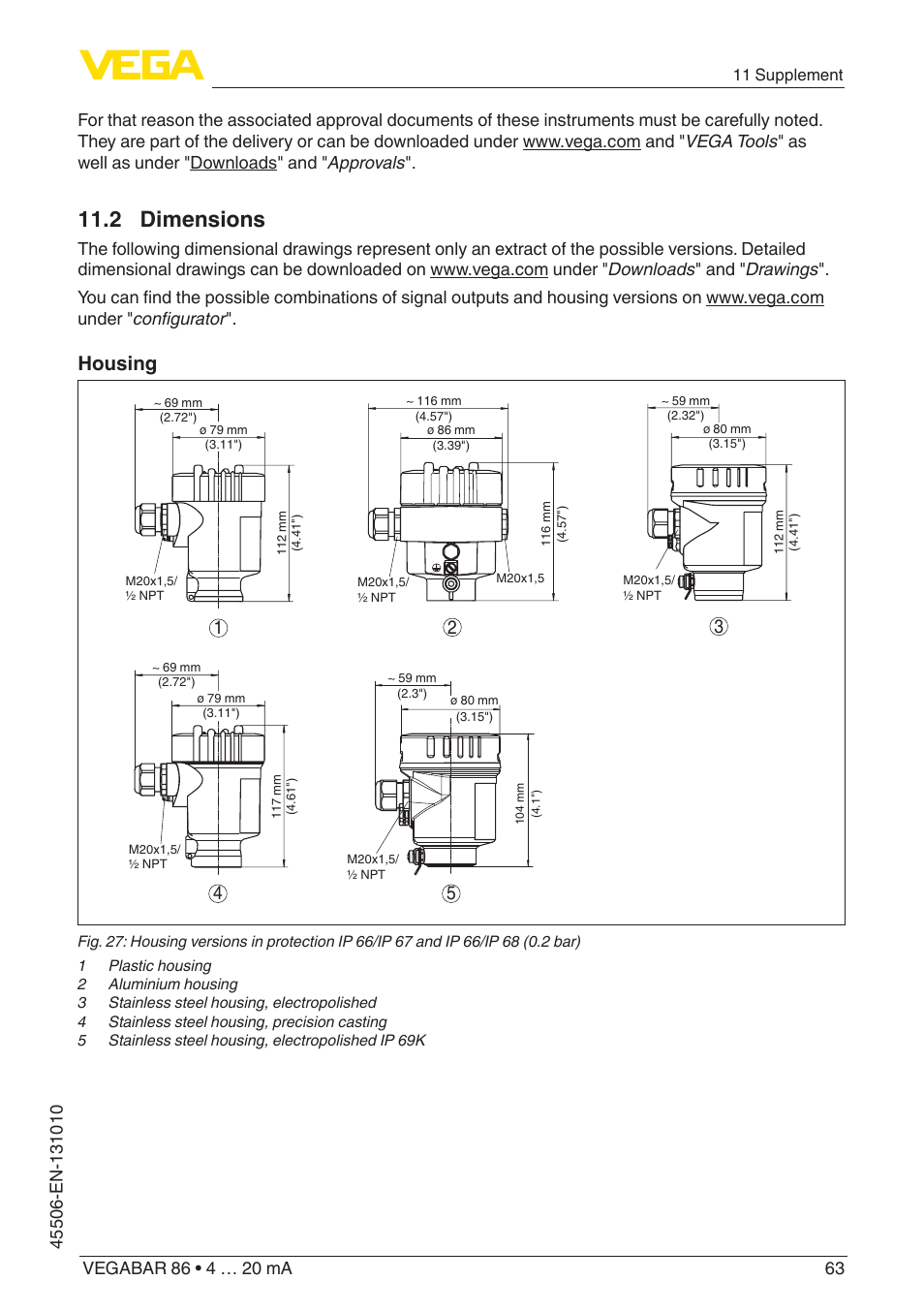 2 dimensions, Housing | VEGA VEGABAR 86 4 … 20 mA - Operating Instructions User Manual | Page 63 / 72