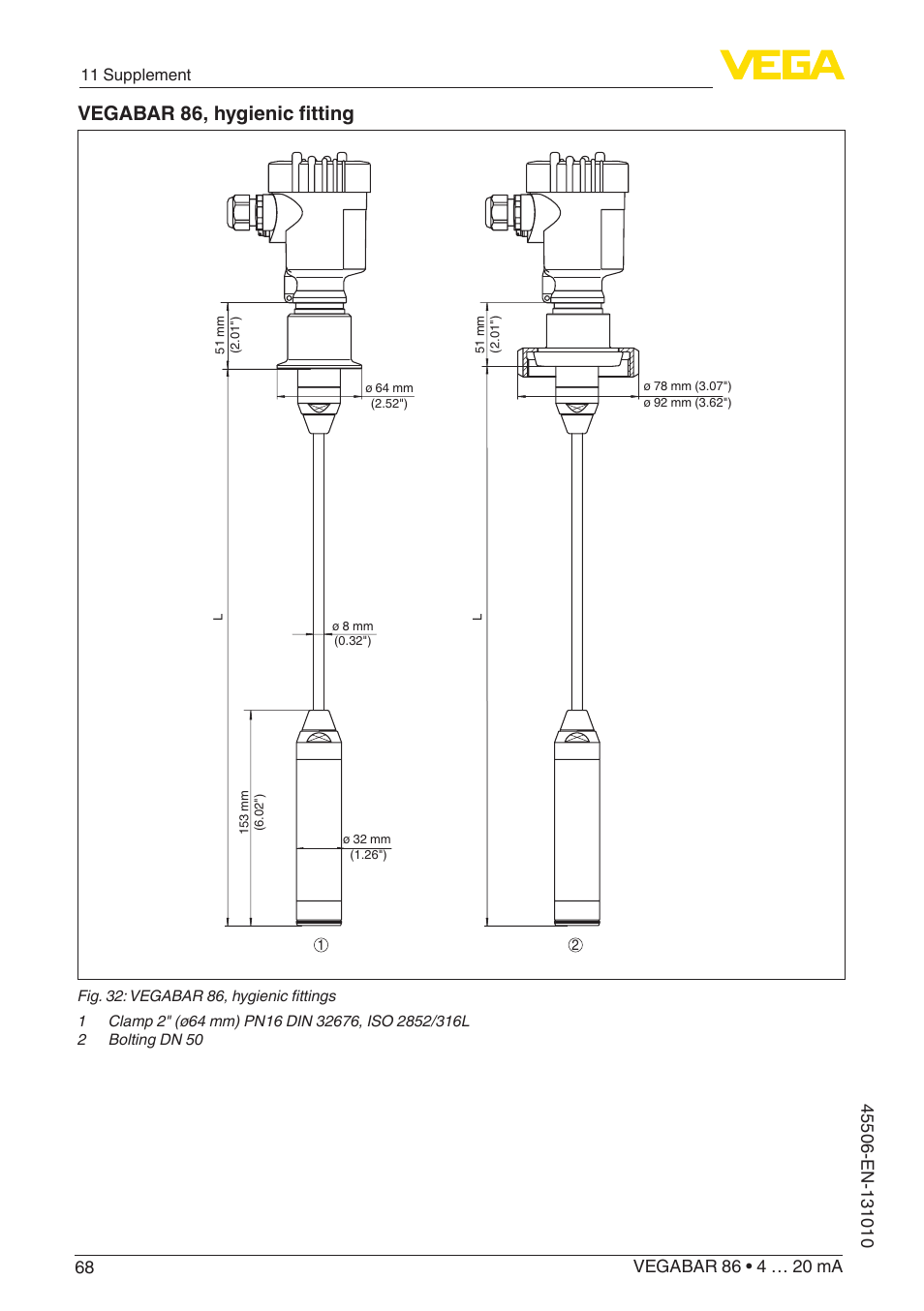 Vegabar 86, hygienic fitting | VEGA VEGABAR 86 4 … 20 mA - Operating Instructions User Manual | Page 68 / 72