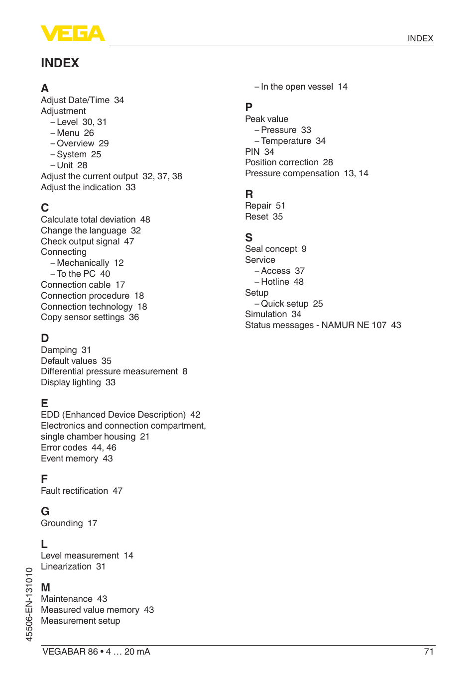 Index | VEGA VEGABAR 86 4 … 20 mA - Operating Instructions User Manual | Page 71 / 72