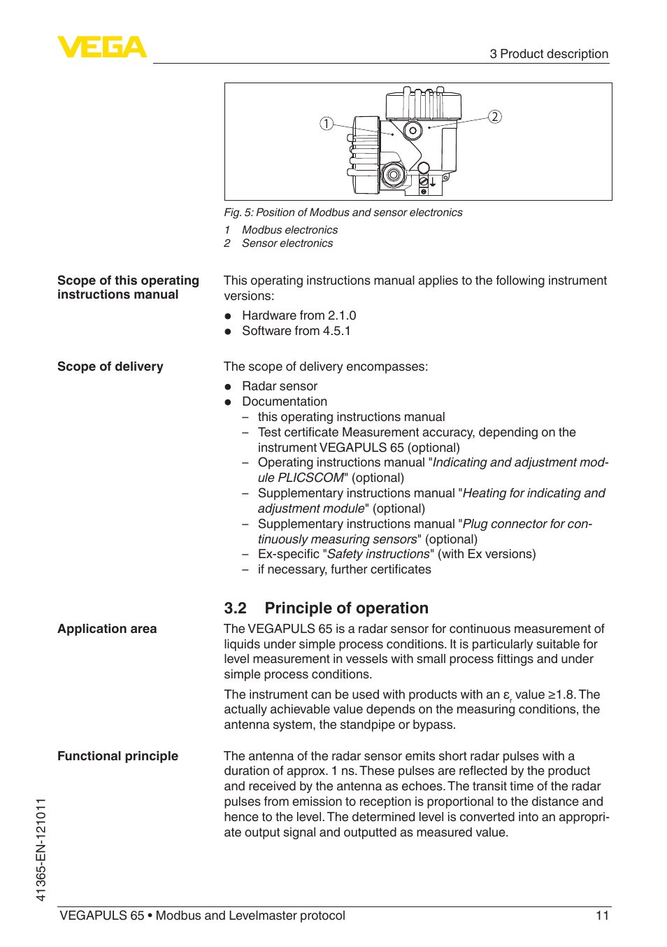 2 principle of operation | VEGA VEGAPULS 65 (≥ 2.0.0 - ≥ 4.0.0) Modbus and Levelmaster protocol User Manual | Page 11 / 76