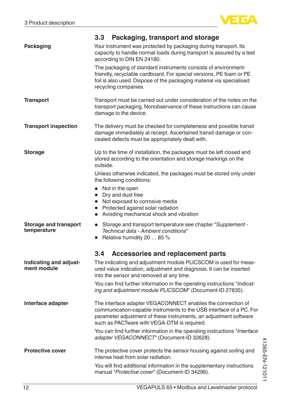 3 packaging, transport and storage, 4 accessories and replacement parts | VEGA VEGAPULS 65 (≥ 2.0.0 - ≥ 4.0.0) Modbus and Levelmaster protocol User Manual | Page 12 / 76
