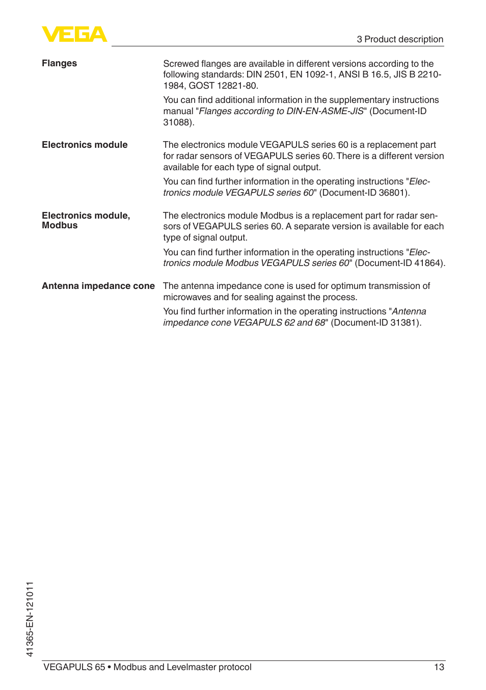 VEGA VEGAPULS 65 (≥ 2.0.0 - ≥ 4.0.0) Modbus and Levelmaster protocol User Manual | Page 13 / 76