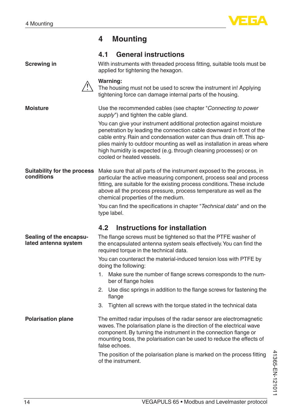 4 mounting, 1 general instructions, 2 instructions for installation | VEGA VEGAPULS 65 (≥ 2.0.0 - ≥ 4.0.0) Modbus and Levelmaster protocol User Manual | Page 14 / 76