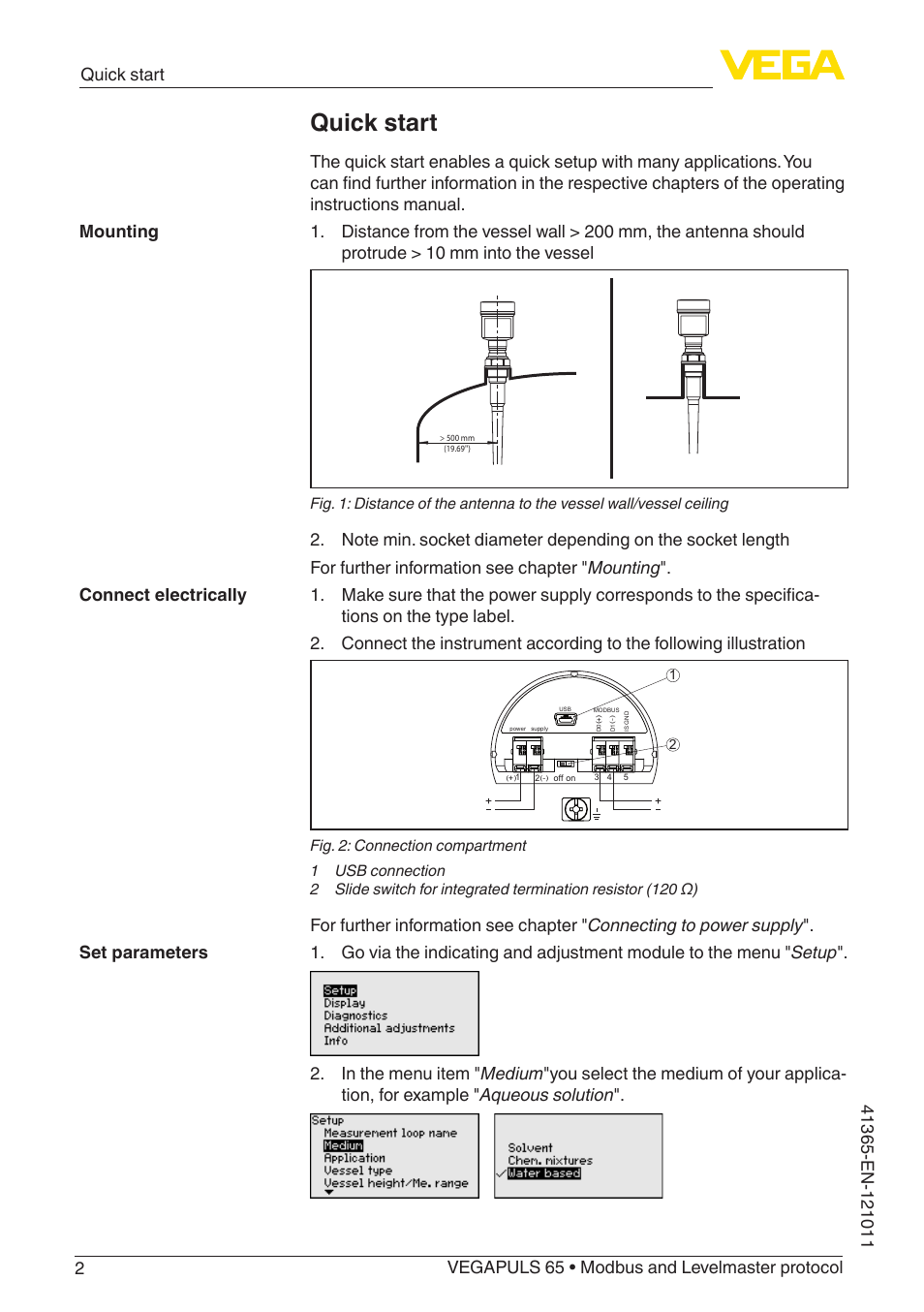 Quick start | VEGA VEGAPULS 65 (≥ 2.0.0 - ≥ 4.0.0) Modbus and Levelmaster protocol User Manual | Page 2 / 76