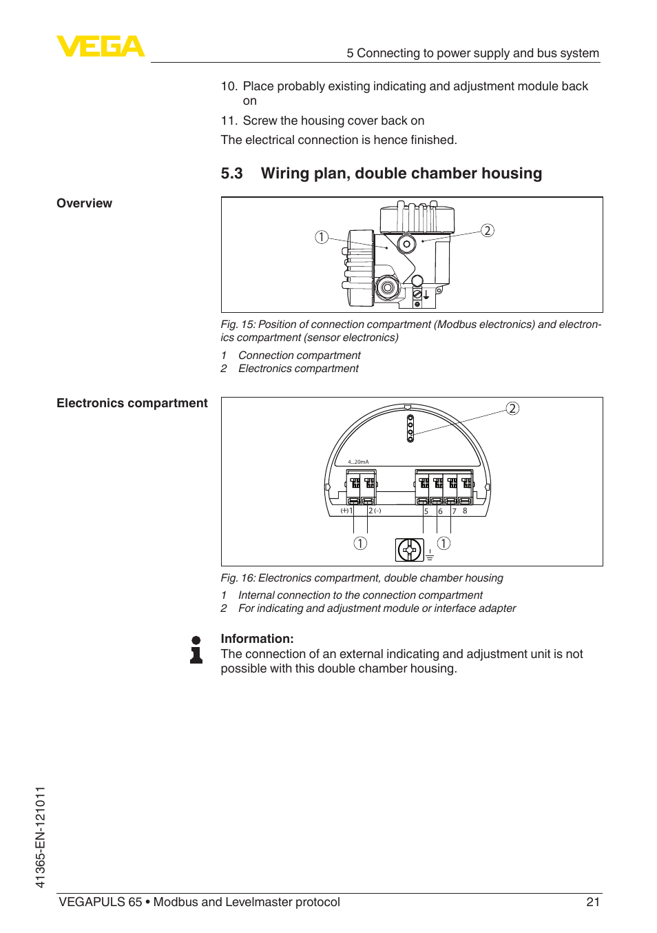 3 wiring plan, double chamber housing | VEGA VEGAPULS 65 (≥ 2.0.0 - ≥ 4.0.0) Modbus and Levelmaster protocol User Manual | Page 21 / 76