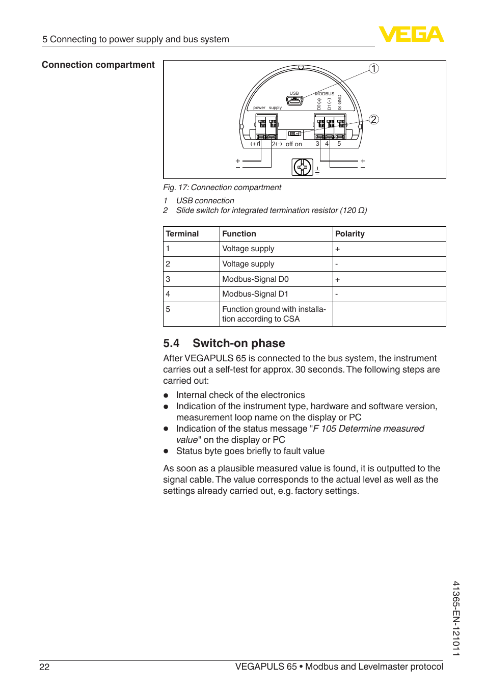 4 switch-on phase | VEGA VEGAPULS 65 (≥ 2.0.0 - ≥ 4.0.0) Modbus and Levelmaster protocol User Manual | Page 22 / 76