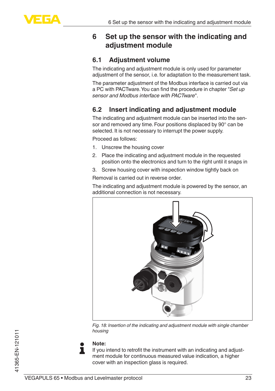 1 adjustment volume, 2 insert indicating and adjustment module | VEGA VEGAPULS 65 (≥ 2.0.0 - ≥ 4.0.0) Modbus and Levelmaster protocol User Manual | Page 23 / 76