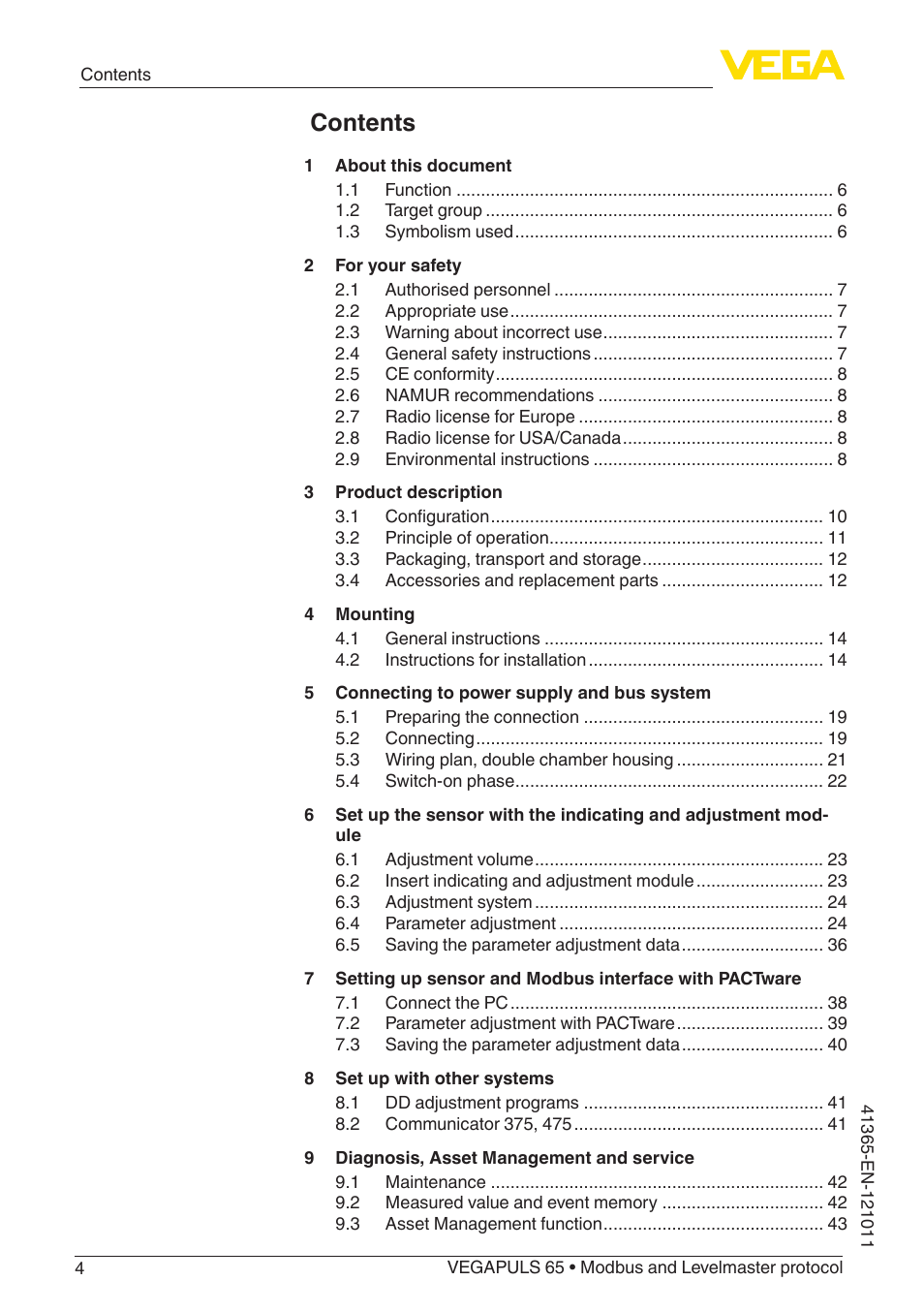 VEGA VEGAPULS 65 (≥ 2.0.0 - ≥ 4.0.0) Modbus and Levelmaster protocol User Manual | Page 4 / 76
