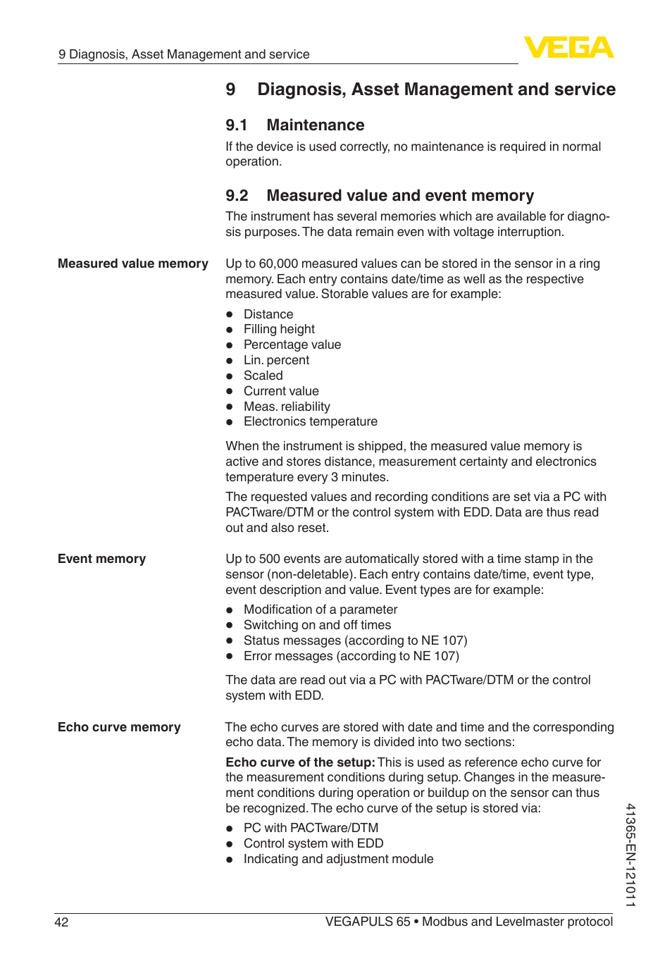 9 diagnosis, asset management and service, 1 maintenance, 2 measured value and event memory | VEGA VEGAPULS 65 (≥ 2.0.0 - ≥ 4.0.0) Modbus and Levelmaster protocol User Manual | Page 42 / 76