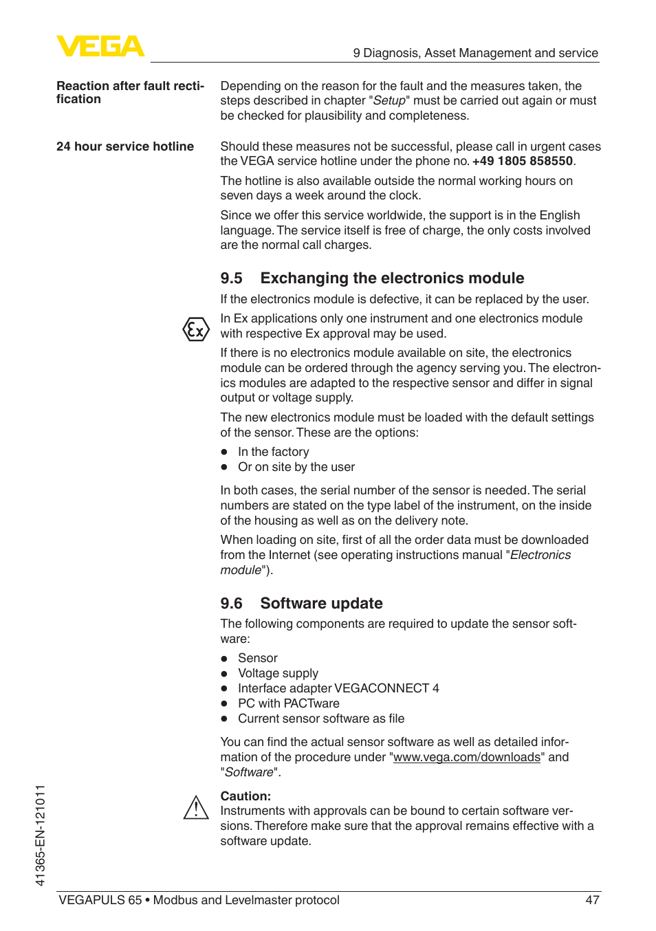 5 exchanging the electronics module, 6 software update | VEGA VEGAPULS 65 (≥ 2.0.0 - ≥ 4.0.0) Modbus and Levelmaster protocol User Manual | Page 47 / 76