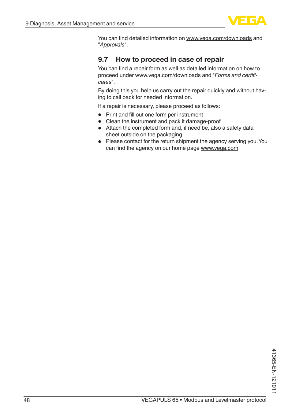 7 how to proceed in case of repair | VEGA VEGAPULS 65 (≥ 2.0.0 - ≥ 4.0.0) Modbus and Levelmaster protocol User Manual | Page 48 / 76