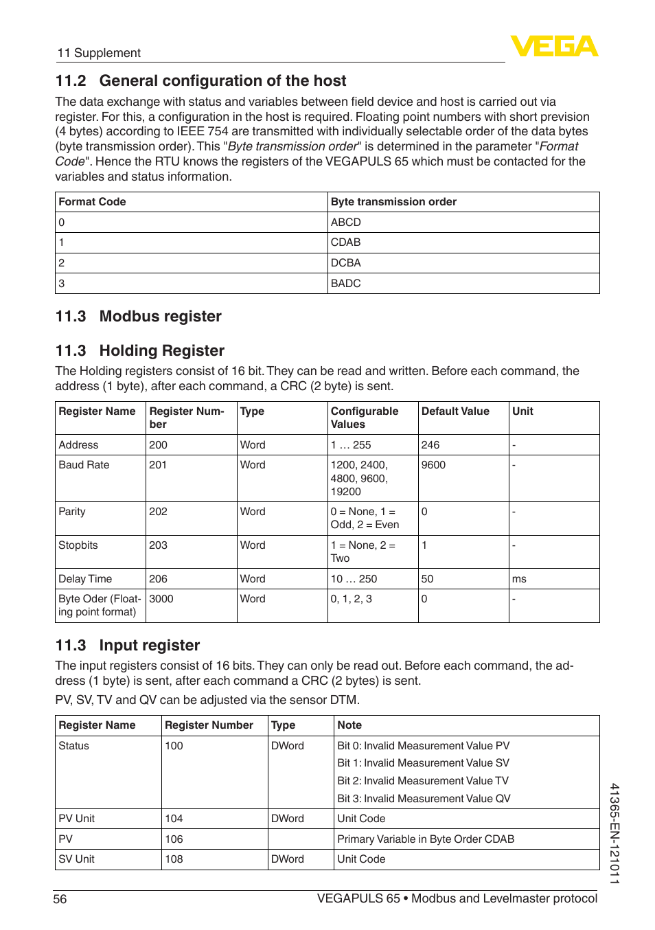 3 modbus register, 2 general configuration of the host, 3 holding register | 3 input register, 3 modbus register 11.3 holding register | VEGA VEGAPULS 65 (≥ 2.0.0 - ≥ 4.0.0) Modbus and Levelmaster protocol User Manual | Page 56 / 76