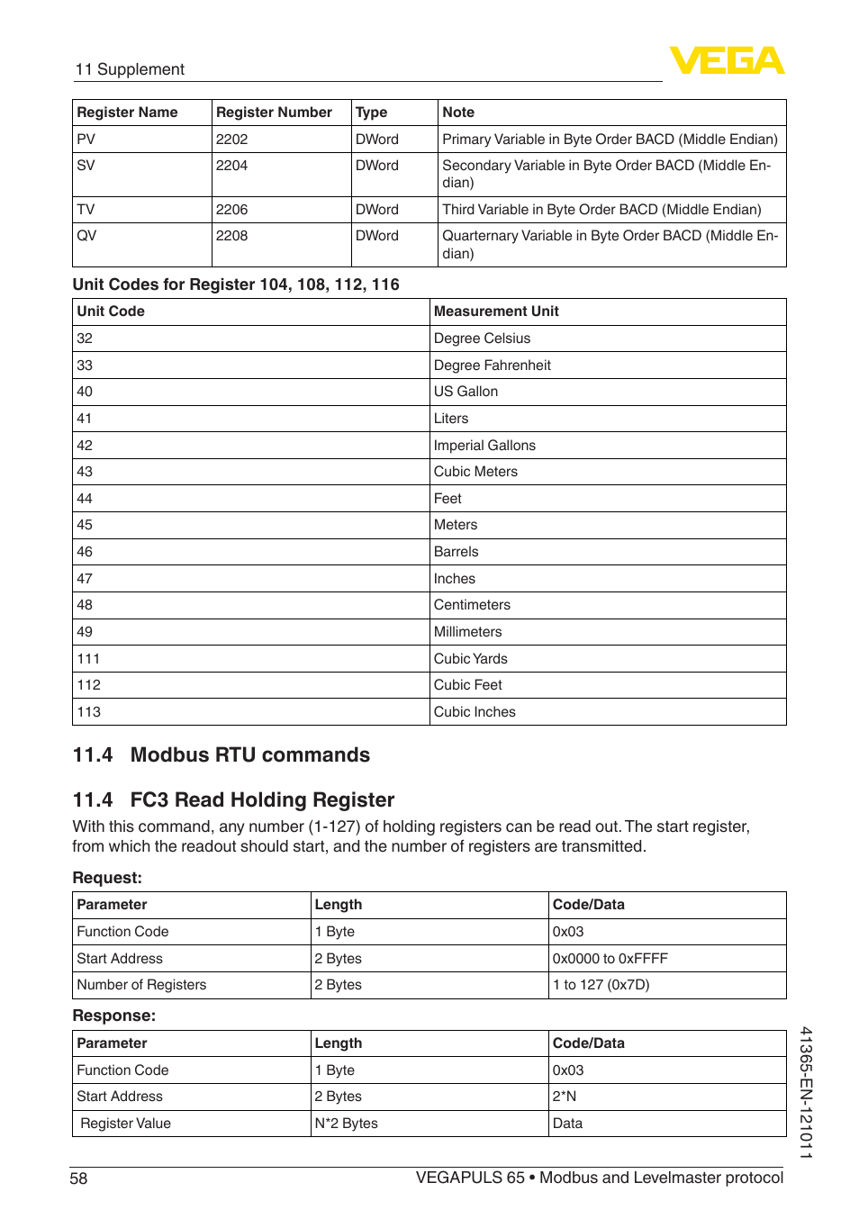 4 modbus rtu commands, 4 fc3 read holding register | VEGA VEGAPULS 65 (≥ 2.0.0 - ≥ 4.0.0) Modbus and Levelmaster protocol User Manual | Page 58 / 76