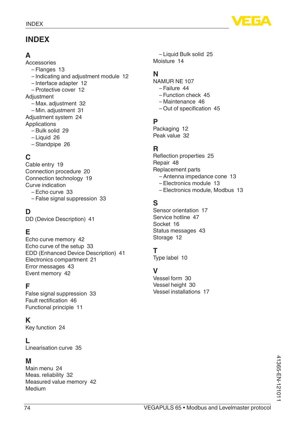 Index | VEGA VEGAPULS 65 (≥ 2.0.0 - ≥ 4.0.0) Modbus and Levelmaster protocol User Manual | Page 74 / 76