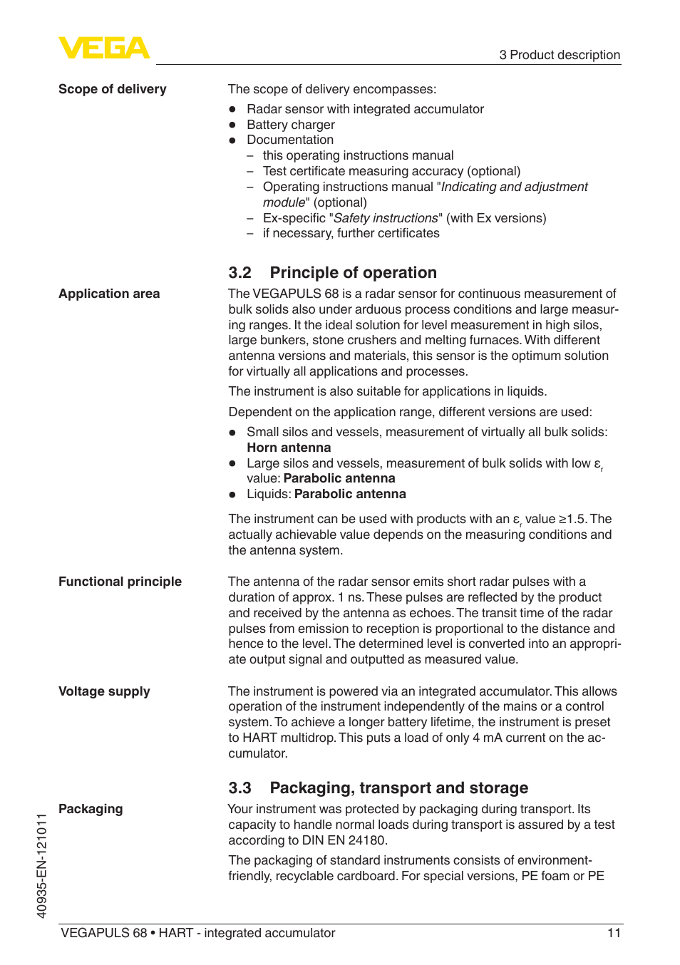 2 principle of operation, 3 packaging, transport and storage | VEGA VEGAPULS 68 (≥ 2.0.0 - ≥ 4.0.0) HART - integrated accumulator User Manual | Page 11 / 76