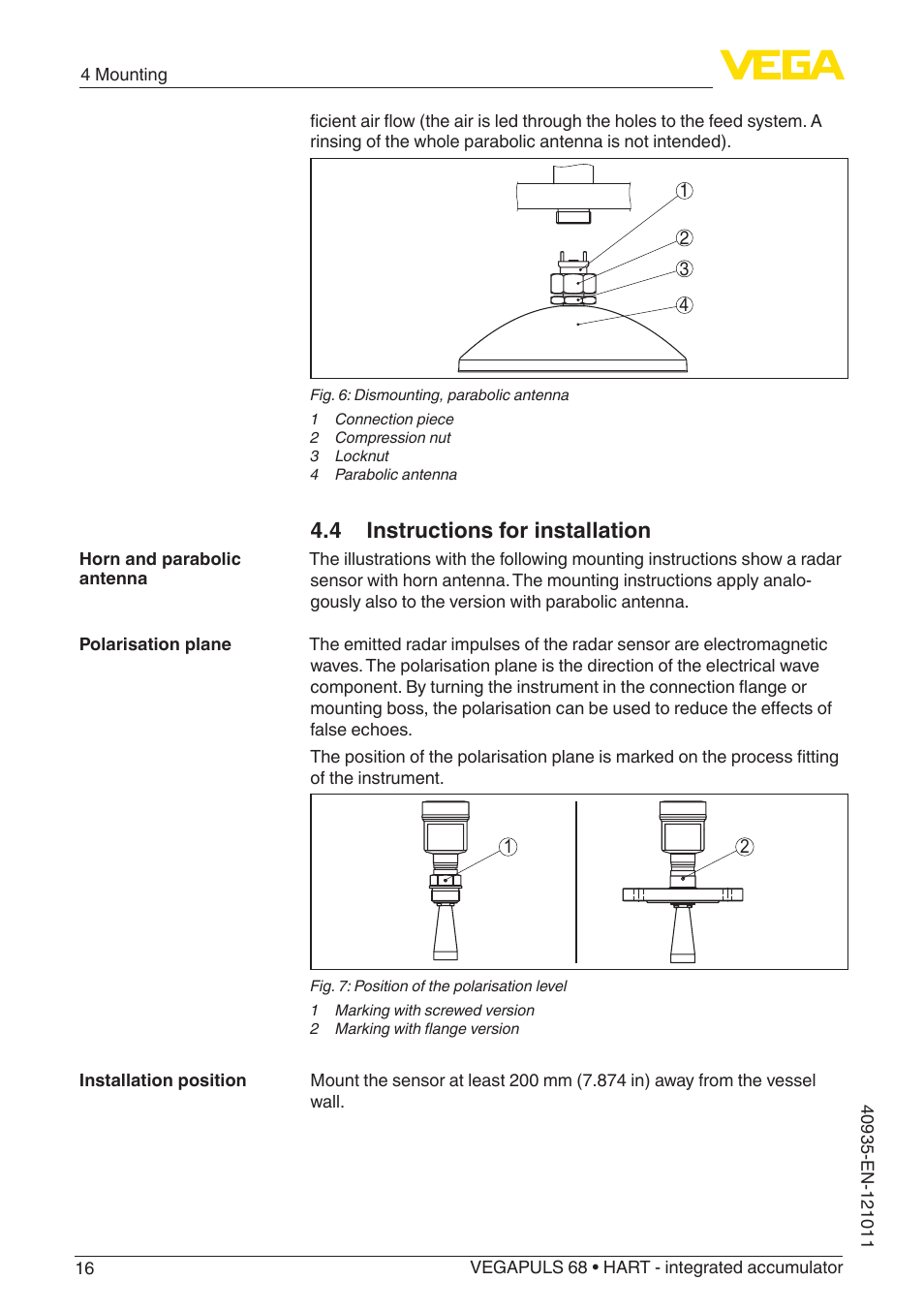 4 instructions for installation | VEGA VEGAPULS 68 (≥ 2.0.0 - ≥ 4.0.0) HART - integrated accumulator User Manual | Page 16 / 76