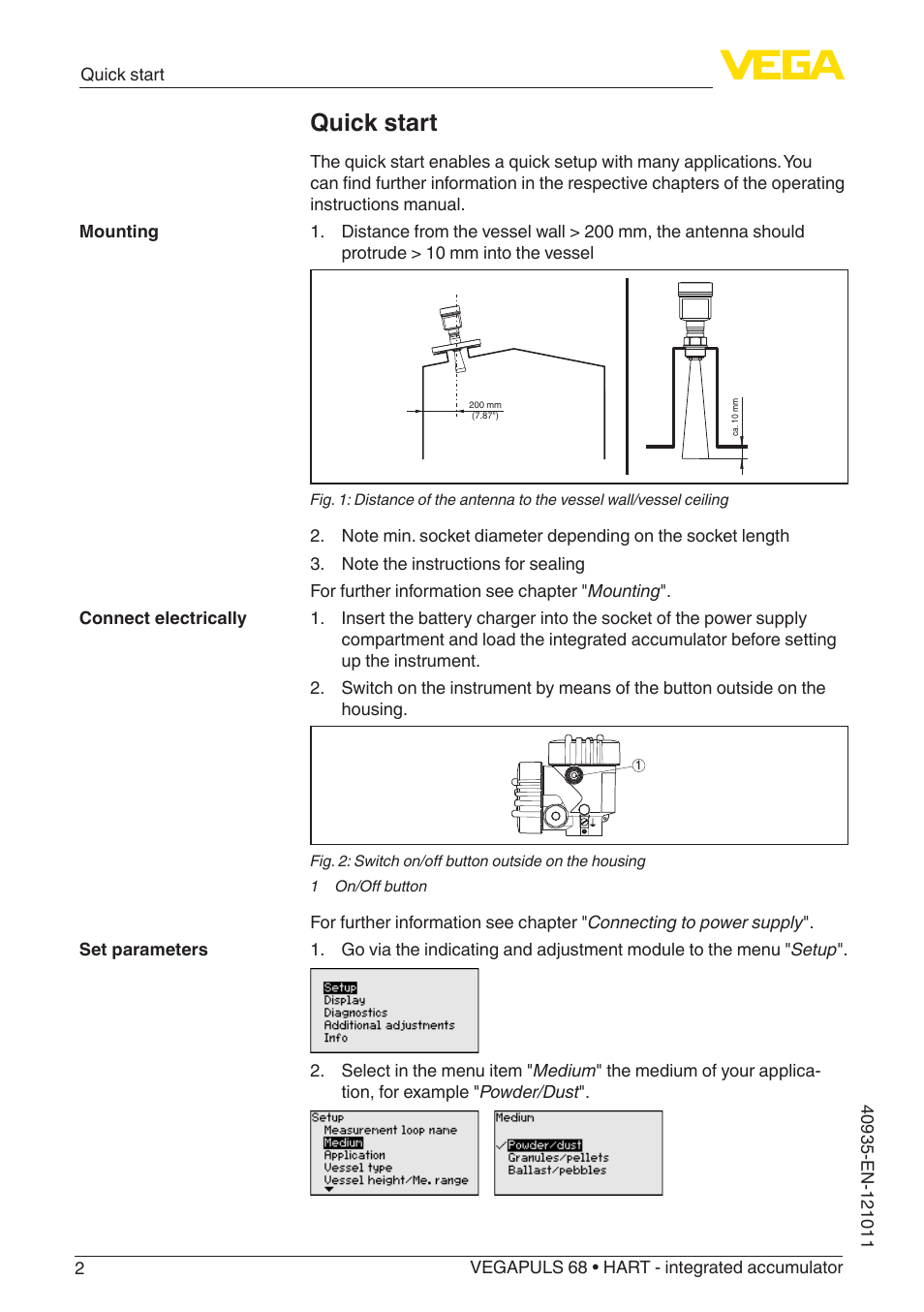 Quick start | VEGA VEGAPULS 68 (≥ 2.0.0 - ≥ 4.0.0) HART - integrated accumulator User Manual | Page 2 / 76