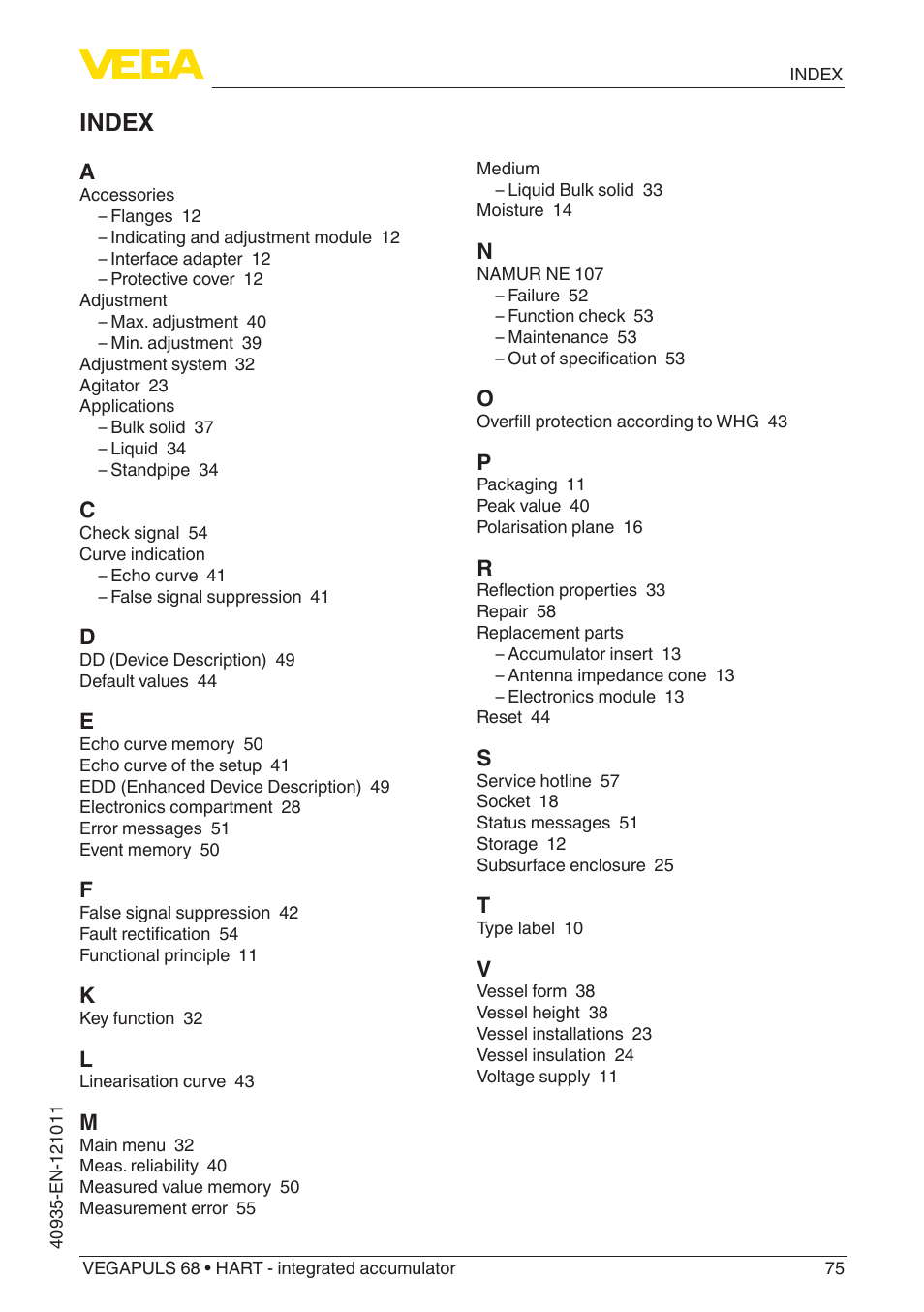 Index | VEGA VEGAPULS 68 (≥ 2.0.0 - ≥ 4.0.0) HART - integrated accumulator User Manual | Page 75 / 76